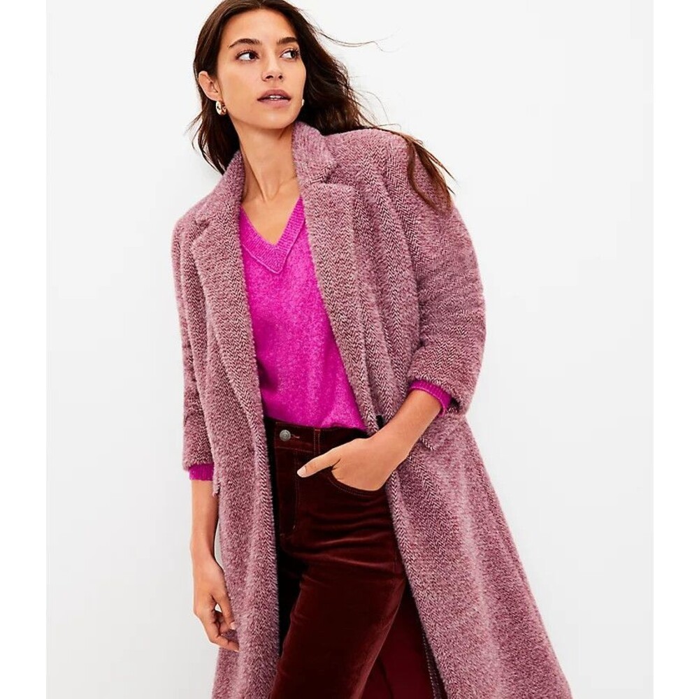 Womens Small Loft Cozy Long Trench Pea Coat Herringbone Warm Single Breasted
